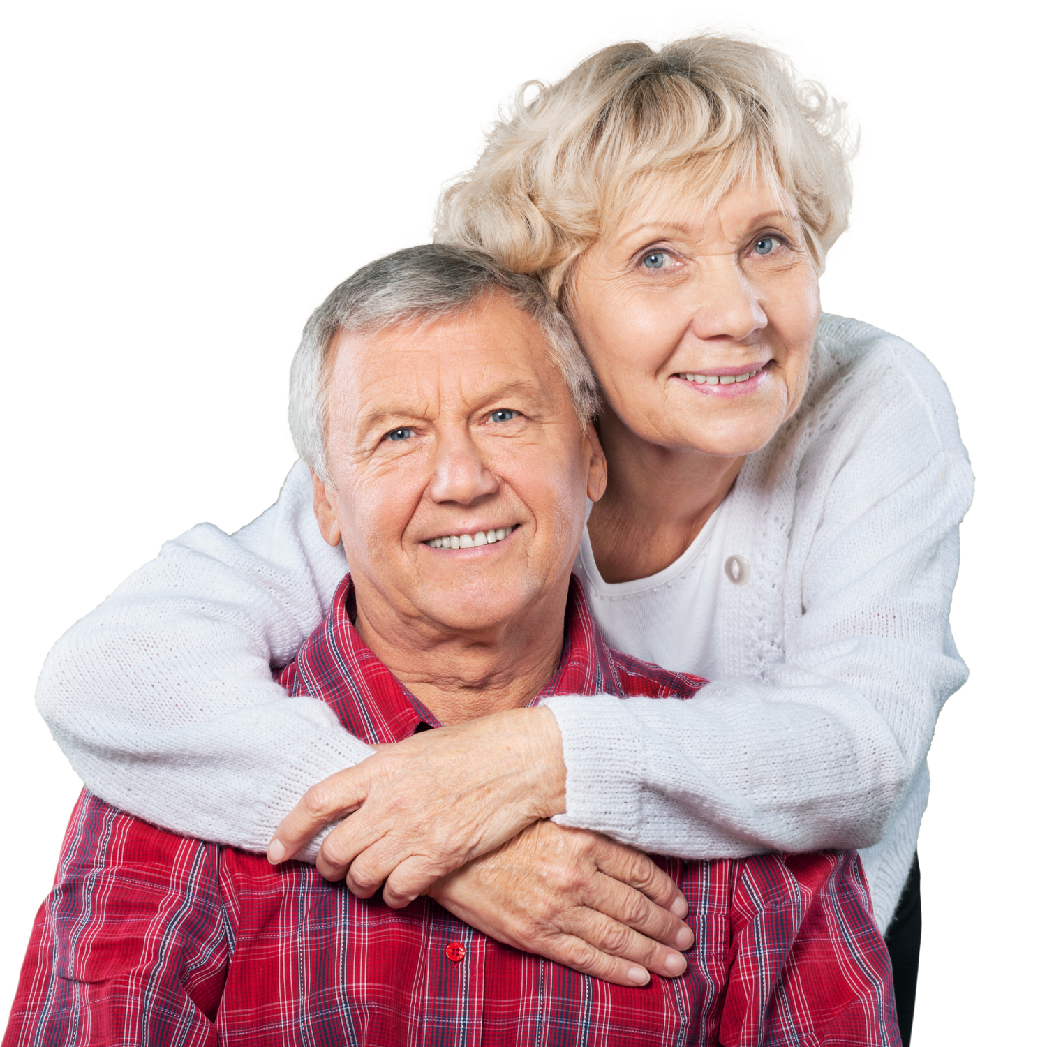 A smiling older couple, the woman hugging the man from behind