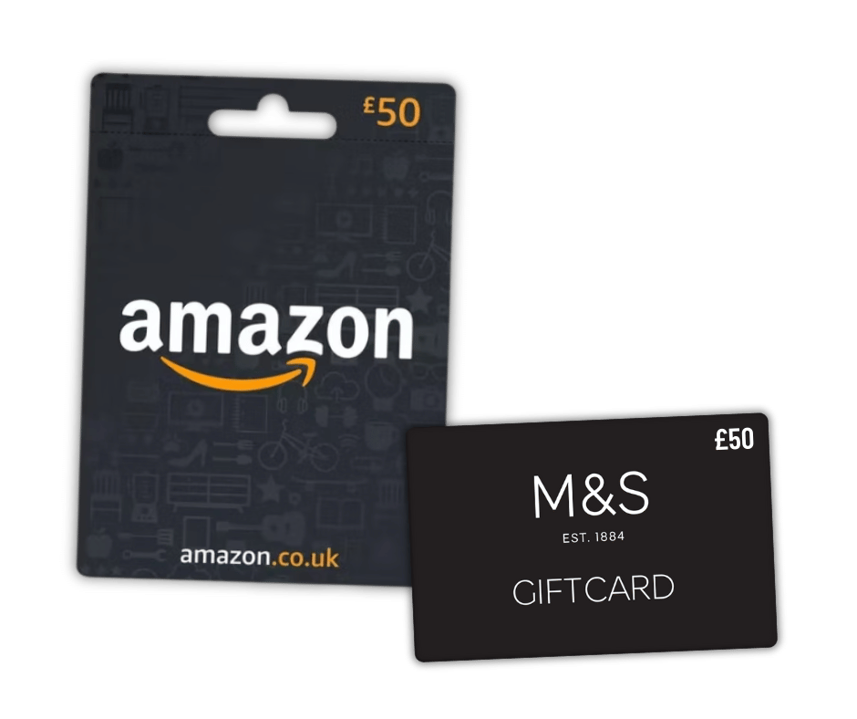 A £50 Amazon gift card and a £50 M&S gift card