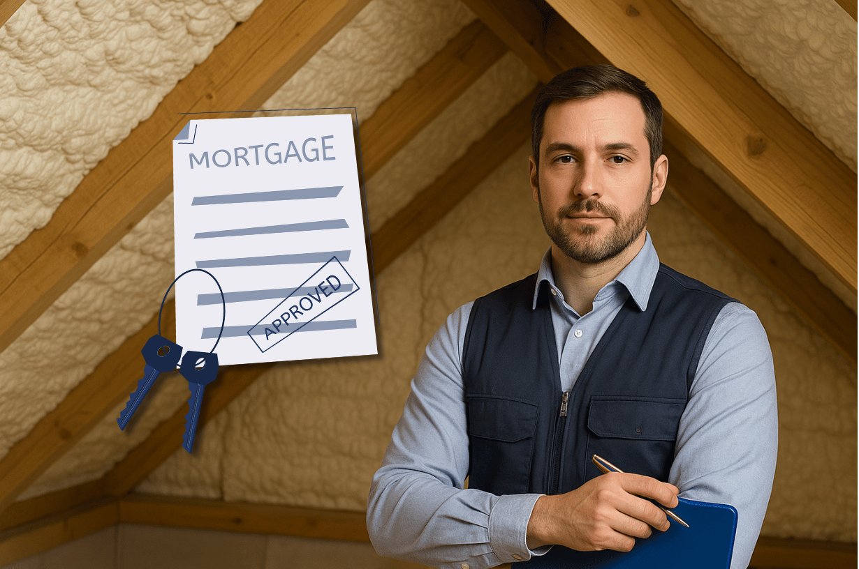 A mortgage advisor standing in front of a loft with spray foam insulation