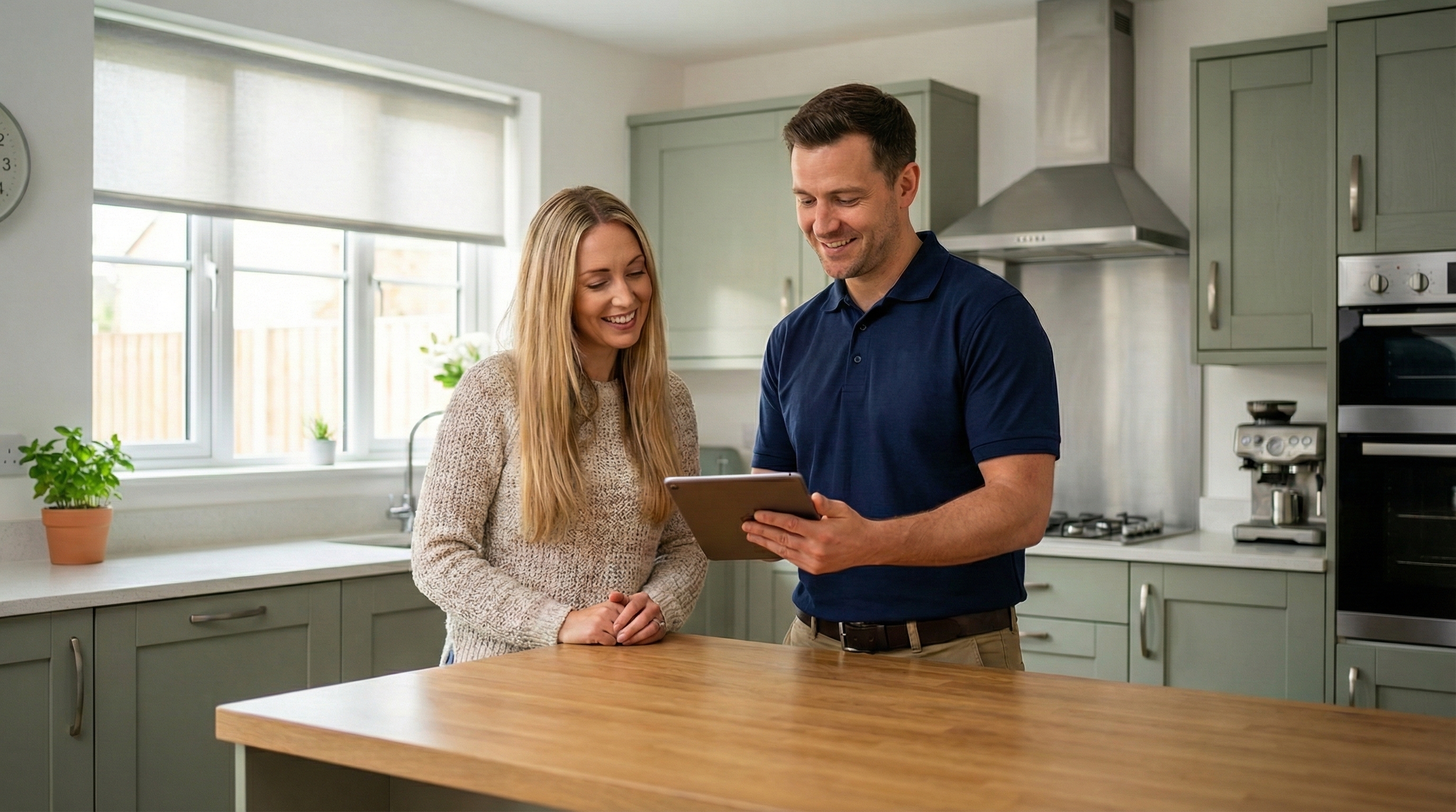 male spray foam removal worker and woman in a kitchen