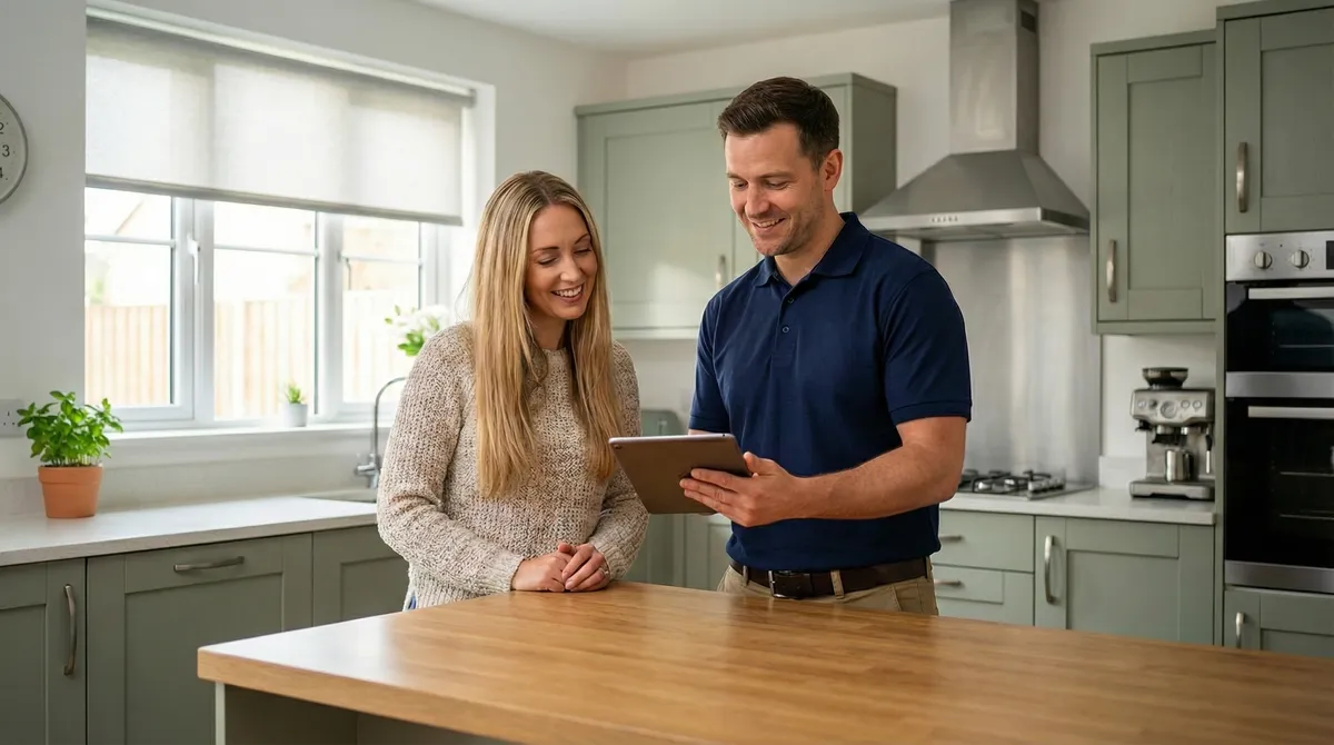 male spray foam removal worker and woman in a kitchen